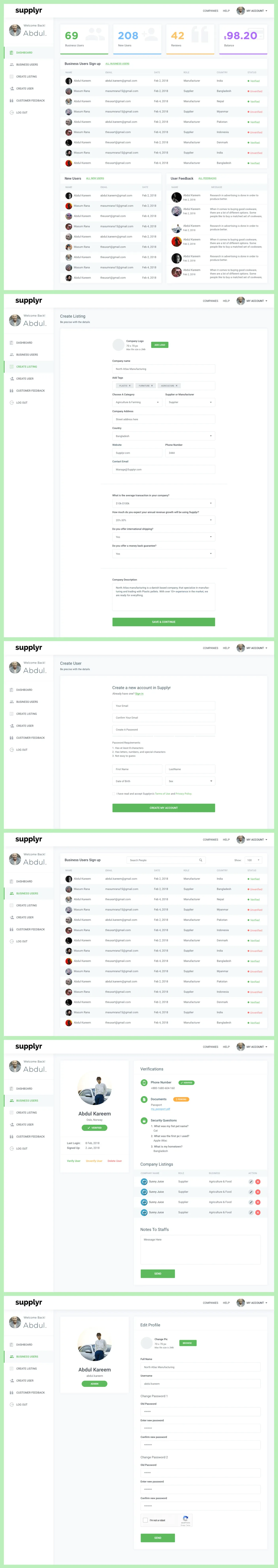 Supplyr admin screens: dashboard with user counts and sign-ups, create listing form, create user form, business users table, user profile with verifications and company listings, and edit profile