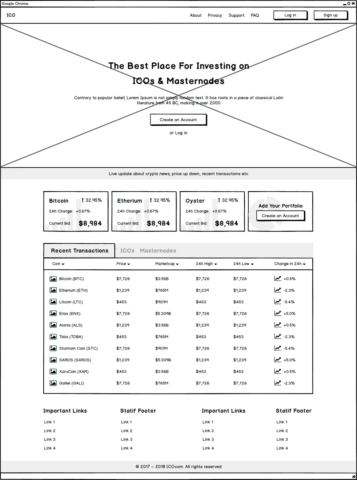 Wireframe of the ICO Invest homepage with live prices, a portfolio prompt and a recent transactions table