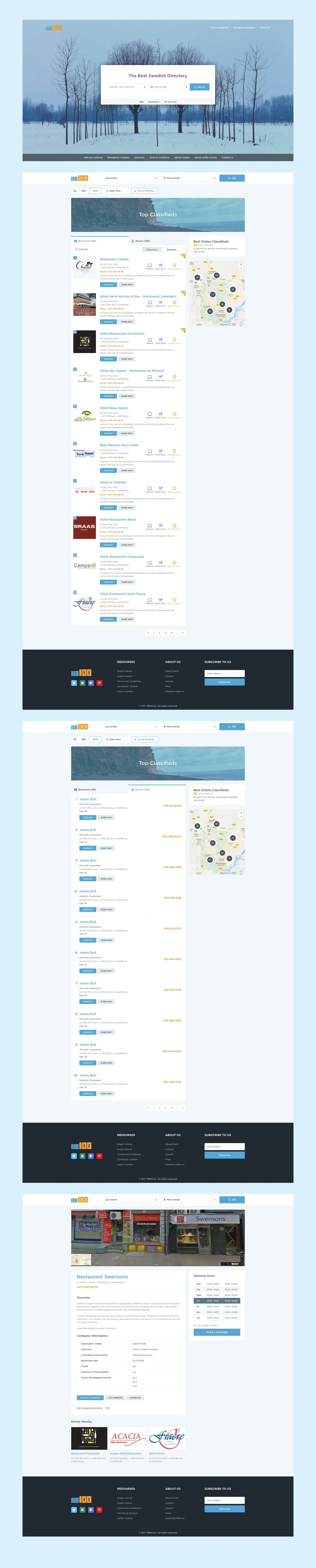 Directory website screens: a search homepage, business results with logos, contact buttons and a map, and people results