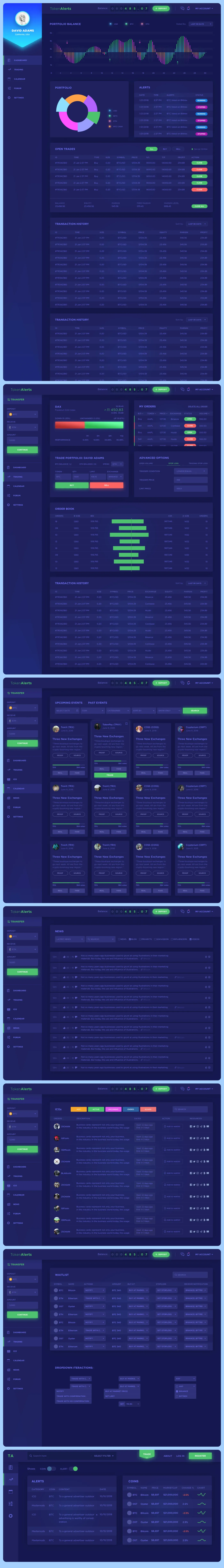 Token Alerts screens: dashboard with portfolio chart and open trades, trading view with order book, event calendar, news feed, ICO list, waitlist with notification settings, and the public alerts page