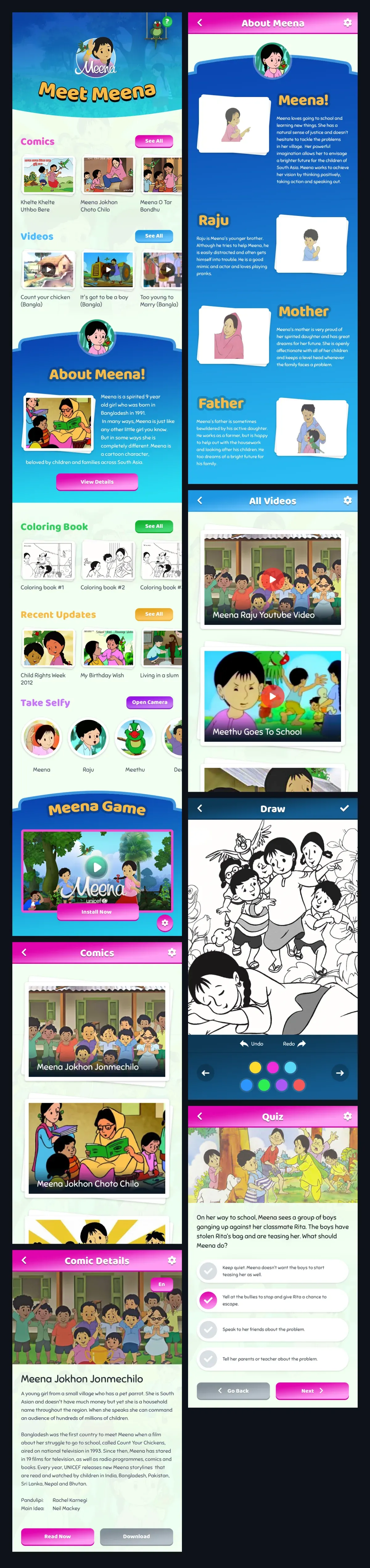 Meena app screens: a home screen with comics, videos, colouring books and a selfie feature, character profiles for Meena, Raju and their parents, a video list and a colouring screen