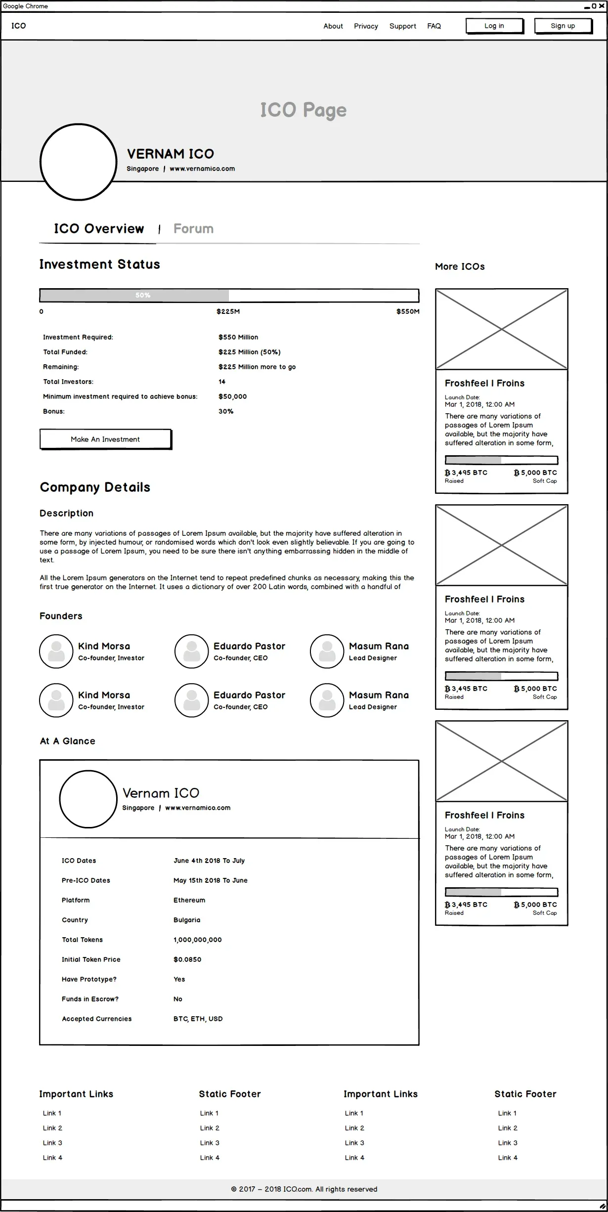 Wireframe of an ICO detail page with investment status, company details, founders and key dates