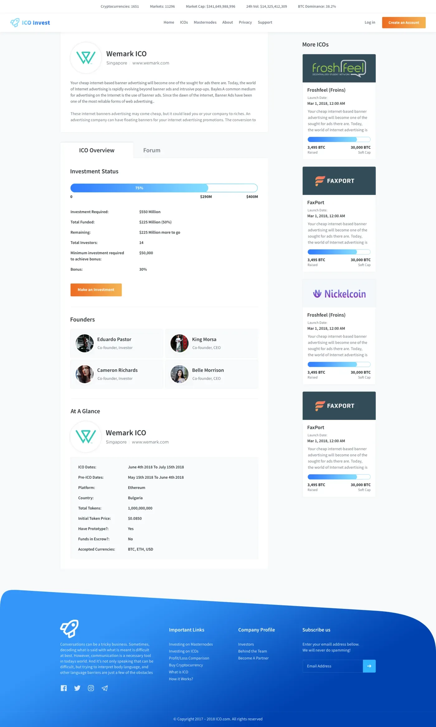 Final ICO detail page showing a funding progress bar, founders and an at-a-glance fact sheet