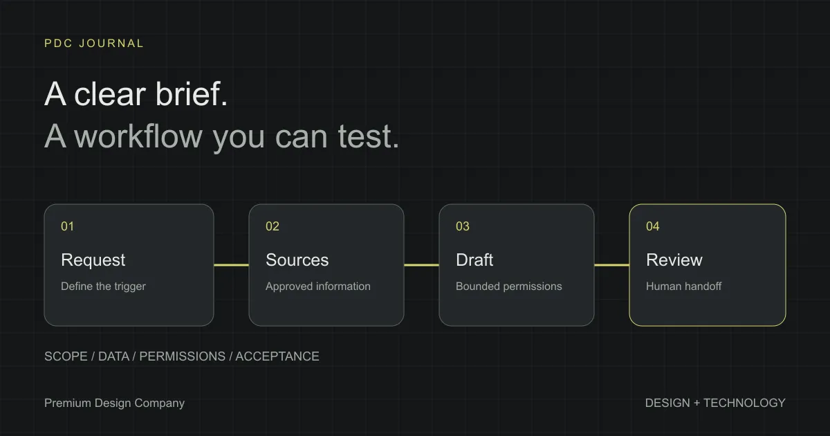 AI integration workflow connecting a request to approved information, a proposed action and a human review step.