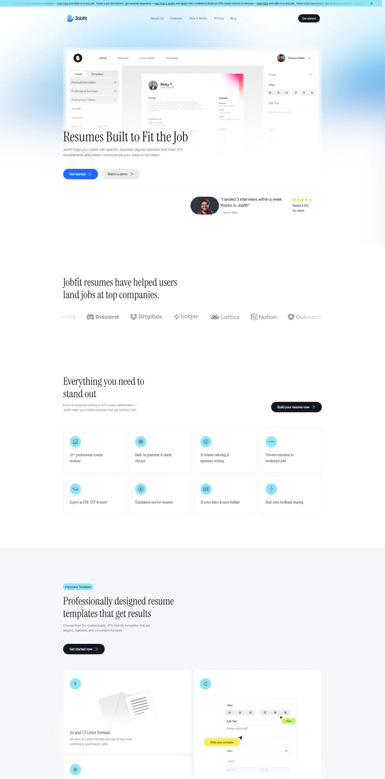 Jobfit website template homepage and section layouts