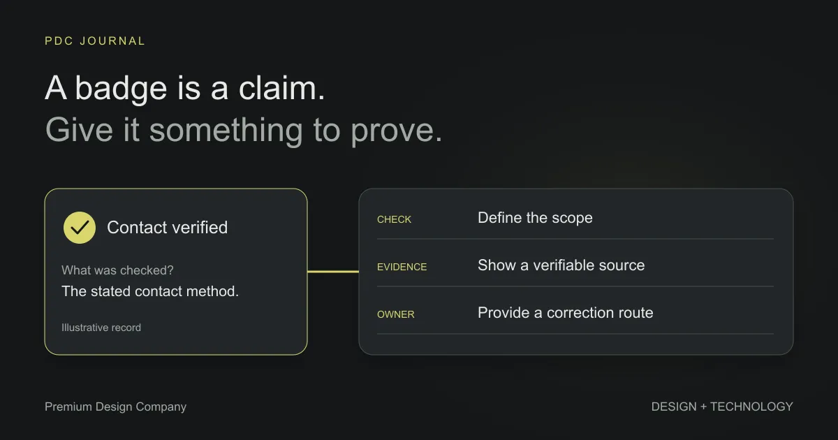 A contact-verification badge connects to its defined scope, supporting evidence and responsible owner.