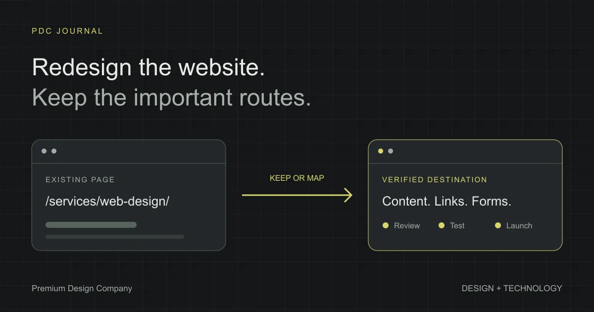 Website redesign plan showing an existing page mapped to its new page, with content, redirects and launch checks.